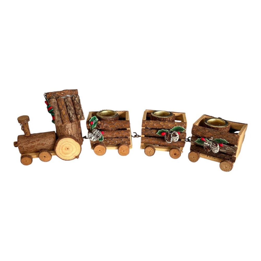 Vintage Natural Bark Candle Train Wooden Christmas Decor Made in Taiwan
